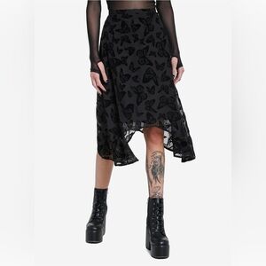 Cosmic Aura Black Butterfly Chiffon Hanky Hem Midi Skirt Romantic Gothic Vampy